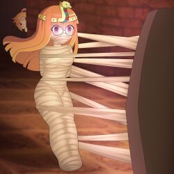 bondage femsub futaba_sakura glasses lazzysin long_hair mummification mummy orange_hair persona_(series) persona_5 purple_eyes spiral_eyes