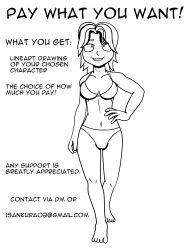 bare_legs bare_shoulders barefoot bikini bikini_bottom bikini_top commission_sheet hand_on_hip happy_trance isankura monochrome short_hair shrunken_irises smile white_background 