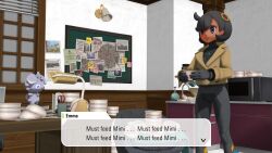 black_hair blue_eyes bodysuit coat emma_(pokemon) empty_eyes espurr expressionless femsub food gameplay_mechanics glowing_eyes mantra mimi_(pokemon) mmd pokemon pokemon_(creature) pokemon_legends_z-a sir_lurksalot text