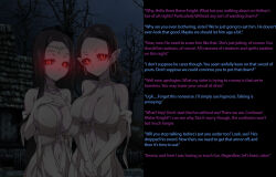  breasts brown_hair caption elf_ears femdom glowing glowing_eyes large_breasts long_hair looking_at_viewer male_pov manip pov pov_sub princesslucina_(manipper) red_eyes slit_pupils text vampire 