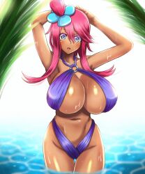  animated animated_eyes_only animated_gif arms_above_head bikini bikini_top blue_eyes blush breasts cleavage clothed_exposure dark_skin dazed femsub hair_ornament huge_breasts hypnosoul_(manipper) long_hair looking_at_viewer manip micro_bikini navel nintendo open_mouth pink_hair pokemon pokemon_black_and_white skyla solo spiral spiral_eyes sweat swimsuit symbol_in_eyes takecha wet 