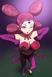  alternate_costume androgynous_dom asatuyu bare_shoulders barefoot breasts chicken_pose choker cleavage corruption costume dancing eye_color_change eyeshadow fantina femsub gloves large_breasts lipstick makeup midriff mochi_dance navel nintendo one_eye_open pecharunt pokemon pokemon_diamond_pearl_and_platinum pokemon_scarlet_and_violet possession purple_eyes purple_hair wink 
