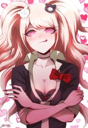  animated animated_eyes_only animated_gif blonde_hair blush bow_tie bra breasts cleavage dangan_ronpa female_only femsub gleus_(artist) happy_trance heart ivatent_(manipper) junko_enoshima long_hair manip smile spiral_eyes symbol_in_eyes tie tongue tongue_out twintails underwear 