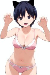  ai_art black_eyes black_hair bra breasts cat_ears cat_pose cleavage collarbone drool empty_eyes expressionless fake_animal_ears female_only femsub looking_at_viewer maledom minimimic_(generator) navel open_mouth panties short_hair simple_background stable_diffusion_(ai) tomboy white_background 