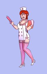breasts cleavage female_only femsub freckles hat high_heels hypnotic_accessory hypnotic_drug large_breasts littleinksheep long_hair looking_at_viewer nurse open_mouth original red_hair simple_background solo spiral_eyes symbol_in_eyes syringe thighhighs viltai_(viltai)