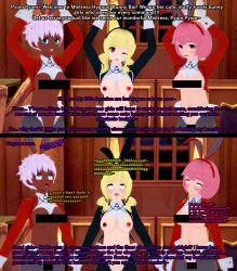 3d absurdres ahegao amber_(liz_b) blonde_hair blush breasts brown_eyes bunny_ears censored complex_background dark_skin empty_eyes english_text eye_roll female_only femsub finger_snap green_eyes happy_trance heart_pasties julie_(liz_b) koikatsu! light_skin liz_(liz_b) liz_b long_hair midriff miss_hypnos_(liz_b) multiple_girls multiple_subs navel open_mouth orgasm orgasm_command original pasties pink_hair purple_eyes sequence short_hair smile text tongue tongue_out trigger twintails white_hair wink