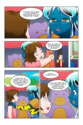 alien_girl blue_skin brown_eyes comic dialogue empty_eyes green_hair hug large_breasts long_hair lum midriff multicolored_hair oni_girl original short_hair story text urusei_yatsura wadevezecha