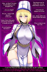 blonde_hair caption clothed corruption demon dialogue english_text femsub gloves gradient_background halcon hat huge_breasts manip pov_sub priest short_hair simple_background stewarone_(manipper) text thighhighs