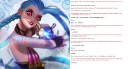 blue_hair braid caption caption_only female_only femdom hypnoslave1095_(manipper) jinx_(league_of_legends) league_of_legends long_hair looking_at_viewer manip medders pale_skin pink_eyes pov pov_sub resisting tattoo tech_control text twin_braids