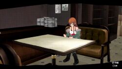  3d animated animated_gif breasts brown_hair clothed empty_eyes femsub futaba_sakura goro_akechi happy_trance long_hair maledom open_mouth persona_(series) persona_5 resisting tech_control text vynil 