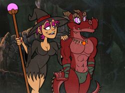  breasts cleavage eyeshadow fangs femdom furry happy_trance horns kaa_eyes lizard_boy malesub merla_under-foot muscle_boy nail_polish necklace original scalie sleepy-foot smile staff standing standing_at_attention topless underwear witch witch_hat 