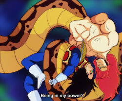 black_hair boots coils dragon_ball dragon_ball_z geekgirl8 gloves hypnotic_eyes kaa_eyes kenneth_(geekgirl8) limp long_hair male_only maledom malesub muscle_boy naga_boy open_mouth original red_hair snake_boy text topless vegeta