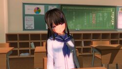  3d bangs blackboard blue_eyes classroom custom_maid_3d_2 empty_eyes hairpin school_uniform shiina_kosaka sleeping straight-cut_bangs 