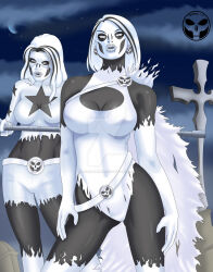  alternate_color_scheme alternate_costume alternate_hair_color belt black_skin cape cleavage cleavage_cutout darkthewise dc_comics earrings expressionless gloves jewelry mask midriff multicolored_hair nightmare_fuel open_mouth opera_gloves pale_skin possession power_girl silver_banshee stargirl super_hero superman_(series) weapon white_hair whitewash_eyes 
