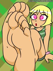 absurdres barefoot blonde_hair breasts feet female_only femsub foot_focus kimberco large_breasts lisa_miller open_mouth scott_pilgrim_(series) solo spiral_eyes symbol_in_eyes text western