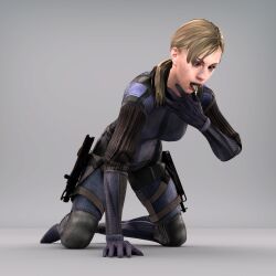  3d before_and_after blonde_hair bobyshal bodysuit capcom corruption crossed_eyes drool femsub grey_background jill_valentine kneeling open_mouth parasite ponytail resident_evil resident_evil_5 resisting simple_background weapon 