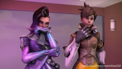  3d animated animated_gif bare_breasts breasts breasts_outside clothed dazed female_only femsub large_breasts long_hair open_clothes open_mouth overwatch seamless smile sombra_(overwatch) source_filmmaker tongue tracer unaware widowmaker 
