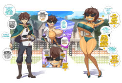 bare_shoulders before_and_after bikini bimbofication boots breasts brown_hair comic doll dollification erasethismail femsub glasses happy_trance huge_breasts kazuma_satou knick_knack kono_subarashii_sekai_ni_shukufuku_wo! large_breasts skirt sunglasses sunny_miami tan_skin text tights transformation transgender