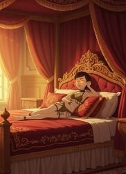 ai_art bed bedroom black_hair carmen_sandiego collar female_only femsub glasses glowing glowing_eyes harem_outfit julia_argent_(carmen_sandiego) loincloth looking_at_viewer lying orange_eyes short_hair slave_bikini slavekini solo zupern0va_(manipper)