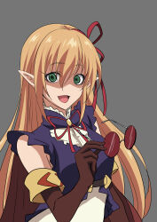 absurdres arisa_(shadowverse) blonde_hair clothed corruption cygames dead_source dress elf elf_ears empty_eyes evil_smile femsub glasses gloves green_eyes grey_background hamhamshad iceschillendrig maledom open_mouth opera_gloves possession ring_eyes shadowverse simple_background smile spiral_eyes spoilers sunglasses symbol_in_eyes tongue very_long_hair