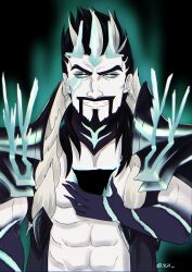 9621 abs absurdres alternate_color_scheme alternate_costume aura beard black_hair body_markings corruption draven_(league_of_legends) earrings evil_smile eye_color_change eyeshadow facial_markings glowing glowing_eyes hair_color_change jewelry league_of_legends looking_at_viewer makeup male_only maledom malesub multicolored_hair pale_skin possession ruination short_hair smile tattoo viego_(league_of_legends) white_hair white_skin