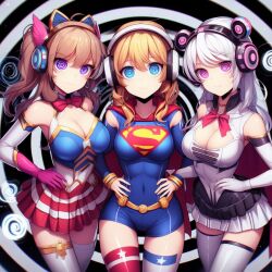 ai_art bangs bare_shoulders belt blonde_hair bow bow_tie breasts brown_hair cape cleavage corruption cosplay cuffs dc_comics fake_animal_ears female_only femsub gloves happy_trance headphones long_hair looking_at_viewer magical_girl misstranci_(generator) multiple_girls multiple_subs opera_gloves original skirt smile spiral spiral_background spiral_eyes super_hero supergirl tech_control thighhighs twintails white_hair 