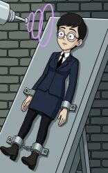 ai_art black_hair carmen_sandiego clothed female_only femsub glasses hypnotic_gun julia_argent_(carmen_sandiego) purple_eyes raygun restrained short_hair shrunken_irises skirt solo suit tech_control tie zupern0va_(manipper)