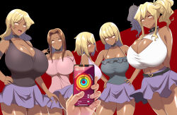 belted_skirt blonde_hair blush breasts cell_phone character_request cleavage collar dark_skin femsub ganguro glowing glowing_eyes huge_breasts hypnotic_app kloah large_hips long_hair looking_at_viewer maledom manip misterman4_(manipper) multiple_girls skirt spiral_eyes symbol_in_eyes tagme tech_control the_book_of_ignominious_defeats_by_seduction
