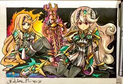 alternate_costume armor aura breasts corrin_(fire_emblem) corruption cosplay crossover earrings elf_ears empty_eyes english_text expressionless female_only femdom femsub fire_emblem fire_emblem_fates gloves glowing grey_hair hypnotized_dom hypnotized_hypnotist jewelry leggings legs long_hair looking_at_viewer looking_back lying mythra_(xenoblade) nintendo pantyhose possession red_eyes silver_hair sitting stoic_seraphim super_smash_bros. sword text tight_clothing tights weapon xenoblade_chronicles xenoblade_chronicles_2 yellow_eyes