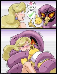  absurdres androgynous_dom arbok bare_legs bare_shoulders beauty_(pokemon) blonde_hair blue_eyes blush closed_eyes coils comic consensual cuddling drool earrings eye_color_change femsub happy_trance heavy_eyelids hypno legs lipstick long_hair maggotmike nintendo pendulum pokemon pokemon_(creature) pokemon_red_green_blue_and_yellow purple_skin sequence speech_bubble thighs wholesome yellow_skin 