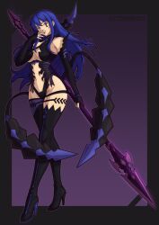  arms_behind_back blue_eyes blue_hair border caeda cleavage cleavage_cutout corruption eyebrows_visible_through_hair face_paint female_only femsub fingerless_gloves fire_emblem fire_emblem_mystery_of_the_emblem fire_emblem_three_houses gradient_background happy_trance kronya_outfit large_breasts lingerie long_hair looking_at_viewer nail_polish navel nintendo opera_gloves panties posing purple_background simple_background smirk solo spear thigh_gap thigh_heels underboob victoriamikoto weapon wide_hips 