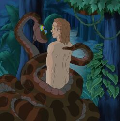  ass bottomless brown_hair coils deeper_happier disney happy_trance hypnotic_eyes johnny_(johnnymancub) kaa kaa_eyes long_hair male_only maledom malesub nude smile snake standing standing_at_attention the_jungle_book topless 