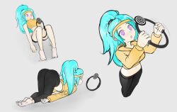  ass ava_(inflixion) blue_hair breasts empty_eyes exercise female_only femsub headband hoodie inflixion lying midriff multiple_views nintendo open_mouth original pink_eyes ponytail purple_eyes ring_fit socks solo spiral sports_bra standing tech_control top-down_bottom-up video_game yoga_pants 
