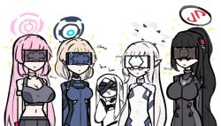  black_hair blindfold blonde_hair blue_archive bodysuit decagrammaton eimi_(blue_archive) elf_ears female_only femdom femsub flat_chest halo himari_(blue_archive) large_breasts long_hair multiple_subs ohr_(blue_archive) pink_hair ponytail rio_(blue_archive) short_hair skecchyartist small_breasts standing standing_at_attention tech_control toki_(blue_archive) visor white_background white_hair 