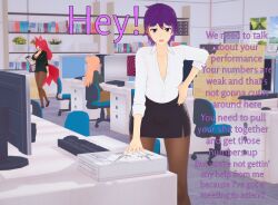  3d ahoge ann_(thehguy) anno_(anno) before_and_after collarbone dialogue dress_shirt female_only femsub fox_ears hand_on_hip high_heels koikatsu! leaning_forward lily_(mahoumonsterart) long_hair multiple_girls office office_lady orange_hair original pantyhose pink_hair purple_eyes purple_hair red_hair shirt short_hair sitting skirt spiral standing tail text thehguy 