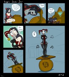 absorption absurdres black_hair blue_background bondage breasts cangkulretak character_request cleavage collarbone comic crouching empty_eyes english_text female_only femsub flower_in_hair hair_ornament high_heels hypnotic_accessory jester jester_jar_(bastianmage) large_breasts latex original possession restrained sequence signature simple_background smile solo speech_bubble text transformation unhappy_trance wide_hips