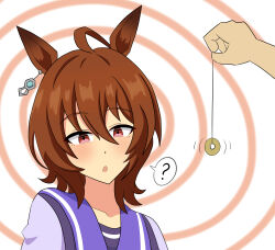  absurdres agnes_tachyon animal_ears blush brown_hair confused dazed deepwater earrings femsub horse_girl jewelry open_mouth pendulum red_eyes school_uniform simple_background spiral uma_musume 