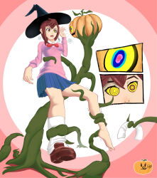 barefoot brown_eyes dandadan femsub glatu hat hypnotic_eyes momo_ayase plant pumpkin restrained ribbon ring_eyes school_uniform signature simple_background skirt symbol_in_eyes witch_hat yellow_eyes