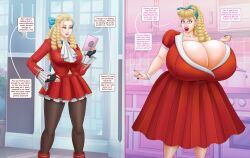 ass_expansion before_and_after bimbofication blonde_hair breast_expansion brown_eyes capcom cleavage clothed dialogue dress drill_hair female_only hyper_breasts hypnotic_audio karin_kanzuki pink_eyes saturnxart skirt solo speech_bubble stepfordization street_fighter text