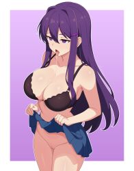  absurdres border bra breasts cleavage collarbone doki_doki_literature_club drool empty_eyes expressionless female_only femsub gradient_background guilegaze guilegaze_(manipper) hair_clips hair_ornament large_breasts long_hair no_panties purple_background purple_eyes purple_hair pussy simple_background skirt skirt_lift solo tongue tongue_out yuri_(doki_doki_literature_club) 