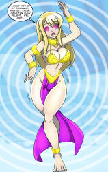  absurdres blonde_hair breasts cleavage corruption dancer expressionless fairy_tail female_only femsub glowing glowing_eyes harem_outfit large_breasts large_lips long_hair lucy_heartfilia text zorro-zero 