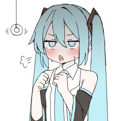 bare_shoulders blue_eyes blue_hair blush breath clothed coin femsub heart heart_eyes miku_hatsune open_mouth pendulum solo sweat twintails vocaloid white_background 
