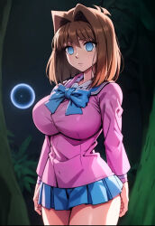  ai_art blue_eyes breasts brown_hair empty_eyes expressionless forest gengarai_(generator) large_breasts miniskirt school_uniform standing standing_at_attention tea_gardner yu-gi-oh! 