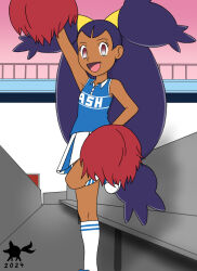  arms_above_head blue_hair brown_eyes cheerleader clothed dark_skin empty_eyes female_only femsub happy_trance iris kneehighs looking_at_viewer nintendo open_mouth pokemon pokemon_black_and_white posing signature skirt smile sneakers solo tank_top twintails very_long_hair weirdfoxx 