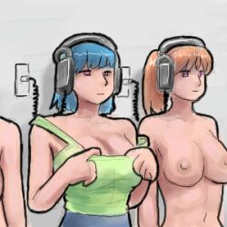  blue_hair bottomless breasts brown_hair cleavage empty_eyes expressionless female_only femsub headphones hypnotic_audio large_breasts nude original ponytail short_hair sleepymaid tech_control topless undressing 