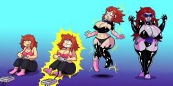  abs before_and_after black_sclera boots bra breast_expansion breasts cleavage crossed_eyes electricity erect_nipples femsub huge_breasts large_breasts long_hair midriff original prinnydood purple_skin red_hair sequence sitting socks solo tech_control thighhighs tongue tongue_out underwear video_game 