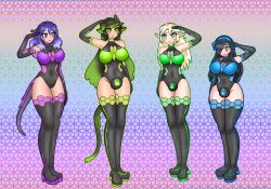  alicia_(aliciapendragon) au_ra batt_(ssbatt) bodysuit caifina_(caifina-rosewood) cat_boy cat_ears color drone elf empty_eyes female_only femsub final_fantasy final_fantasy_xiv gradient_background happy_trance heart high_heels large_breasts latex leggings leotard luna_sapphirestar_(lunabunnylili) multiple_girls multiple_subs null_bulge opera_gloves original saluting simple_background sleepy_kai smile standing_at_attention symbol tail 