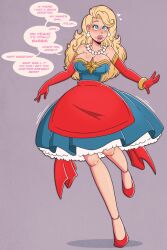 apron bare_shoulders blonde_hair blue_eyes blush breasts captain_marvel carol_danvers cleavage dialogue domestication dress earrings female_only feminization femsub gloves high_heels jewelry long_hair marvel_comics necklace opera_gloves smile solo speech_bubble stepfordization super_hero tomboy transformation wrenzephyr2