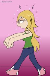 blonde_hair cat_nap_(hypnolordx) clothed dazed femsub glasses hypnolordx long_hair open_mouth signature simple_background spiral spiral_eyes symbol_in_eyes zombie_walk