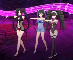 absurdres black_hair blue_eyes breasts celestia_ludenberg cleavage dangan_ronpa drill_hair empty_eyes expressionless female_only femsub goddess hestia high_heels high_school_dxd hypnotic_audio hypnotic_music is_it_wrong_to_try_to_pick_up_girls_in_a_dungeon? jimryu lingerie long_hair multiple_girls multiple_subs navel pink_eyes red_eyes see-through serafall_leviathan thighhighs twintails underwear zombie_walk